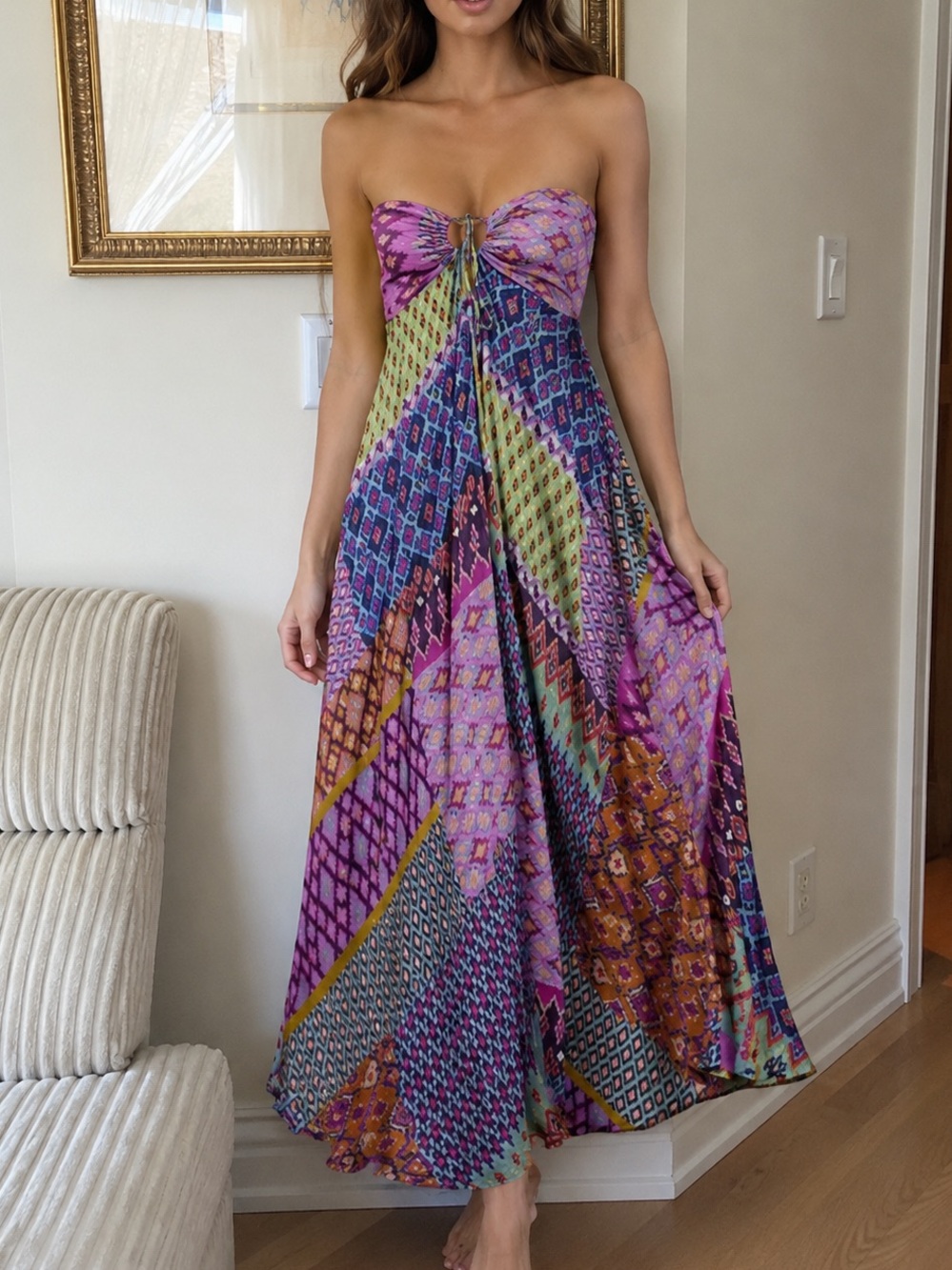 Tigerlily Strapless Maxi Dress in Purple Multicolor Print